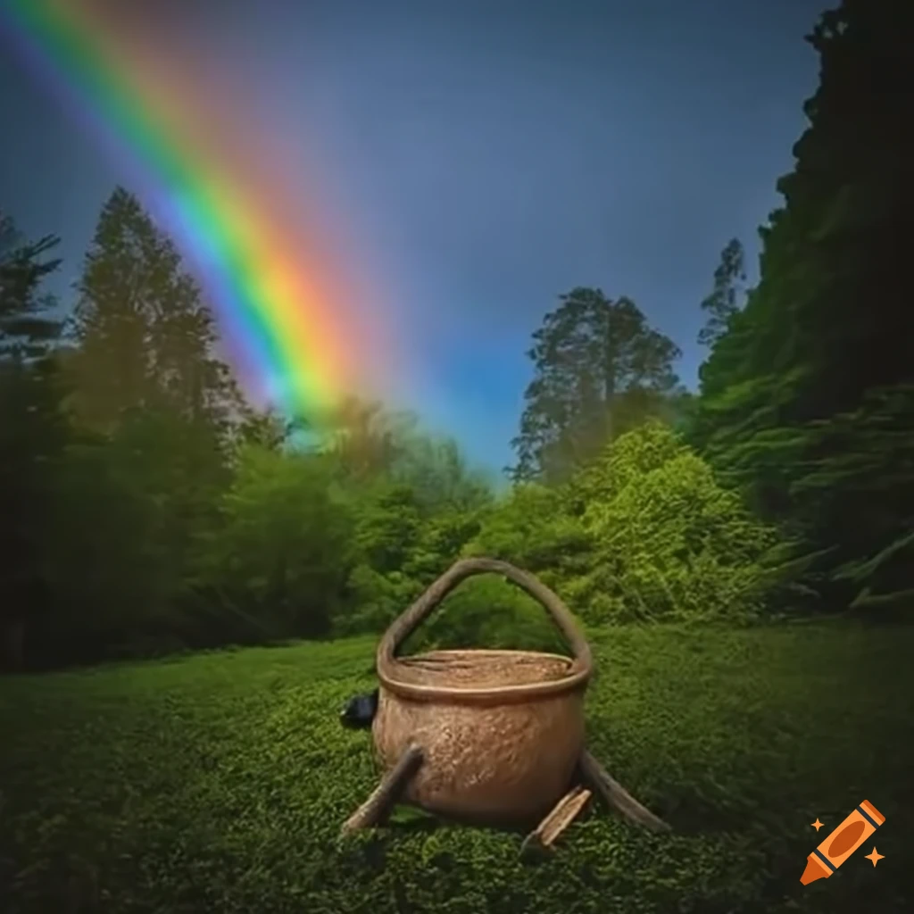 Rainbow over cauldron of coins in an irish forest on Craiyon