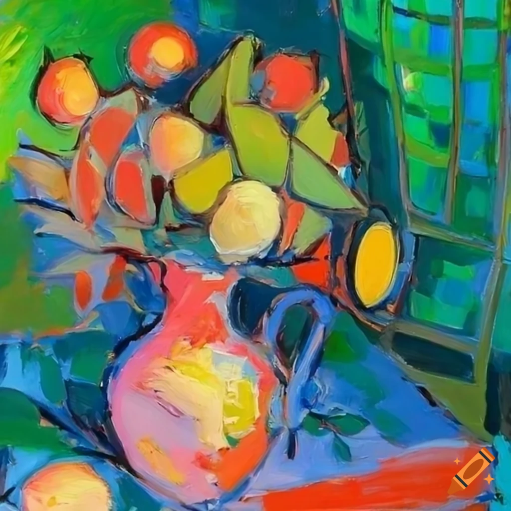 Bright and light still life painting with aloe, vase of flowers, and lemons on table