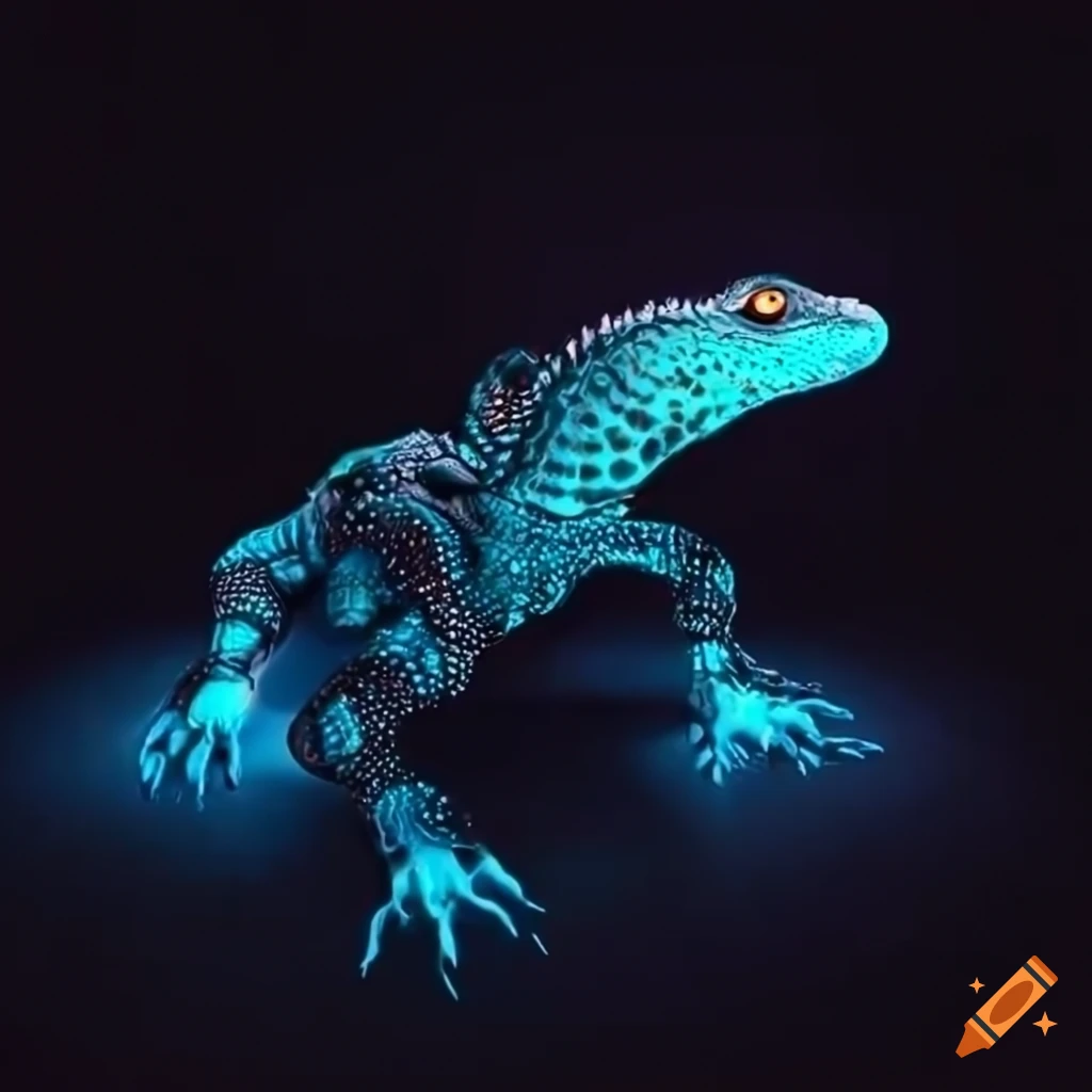 Sci-fi robotic monitor lizard with glowing eyes and intricate plasma patterns