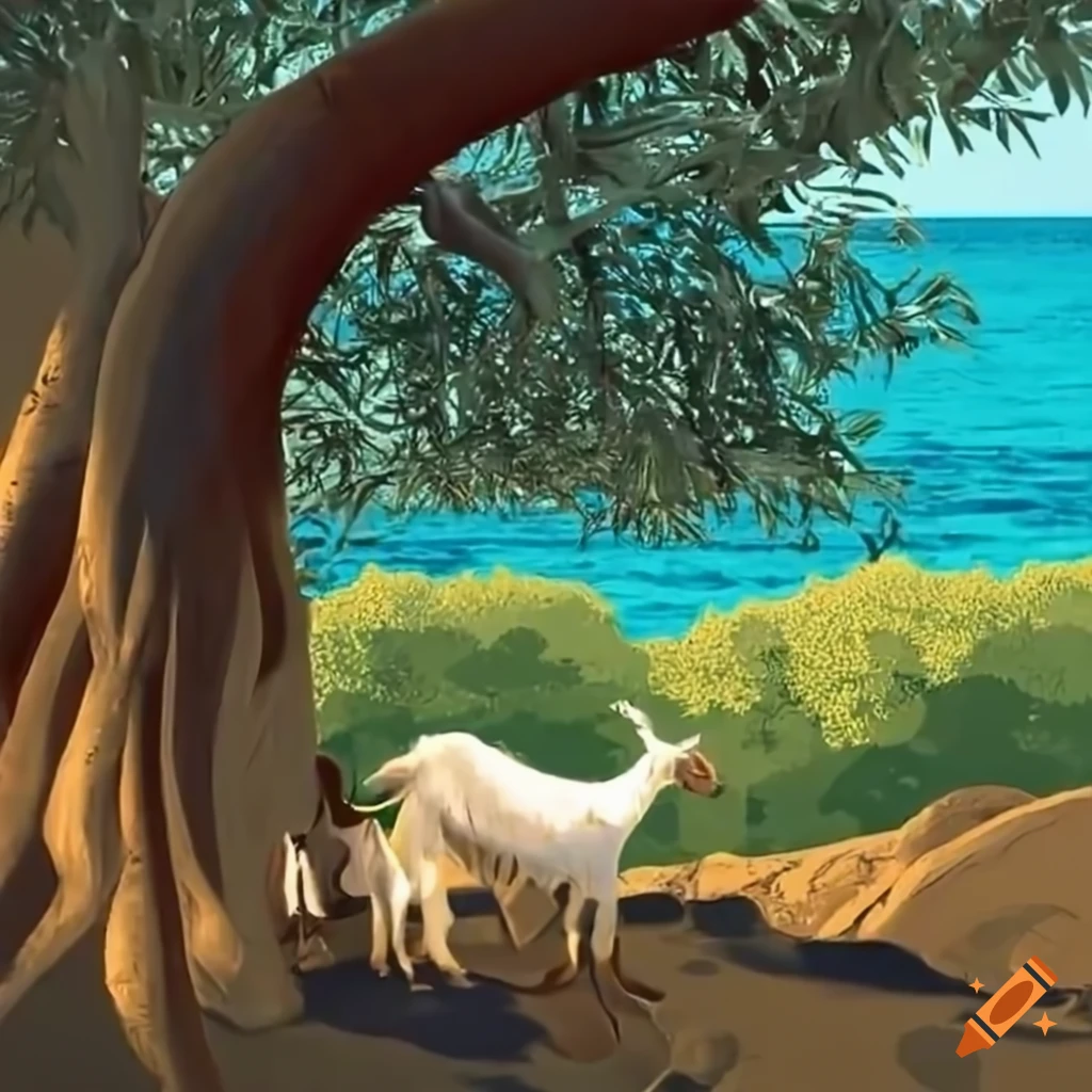 Two friends sitting under an olive tree with goats grazing nearby and the sea in the distance