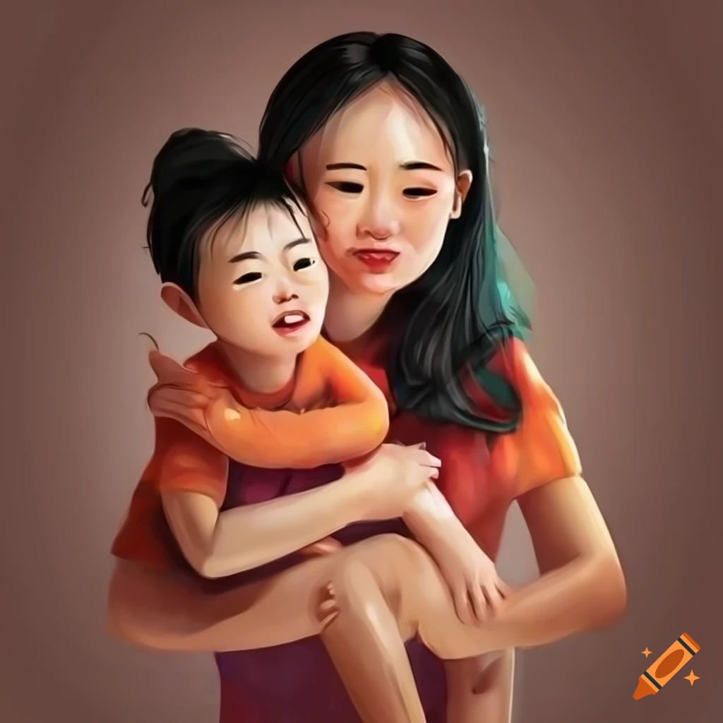 Portrait of a happy Vietnamese family in a CGI illustration style painting