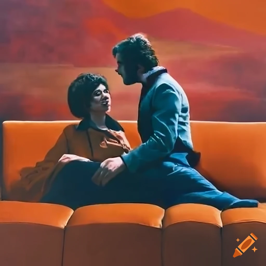 Scene from a French movie from the 70s with a man and a woman sitting on a sofa