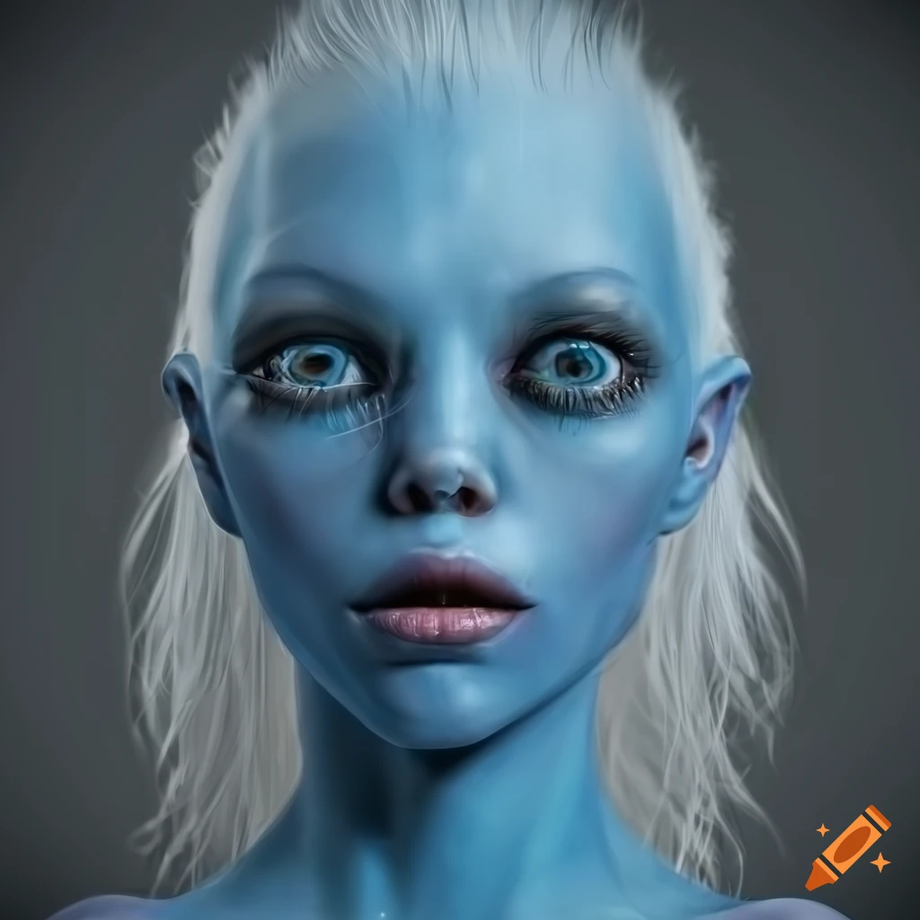 Realistic Photo Of A Blue Skinned Humanoid Alien Woman With Pointed Ears And Wavy White Hair On 