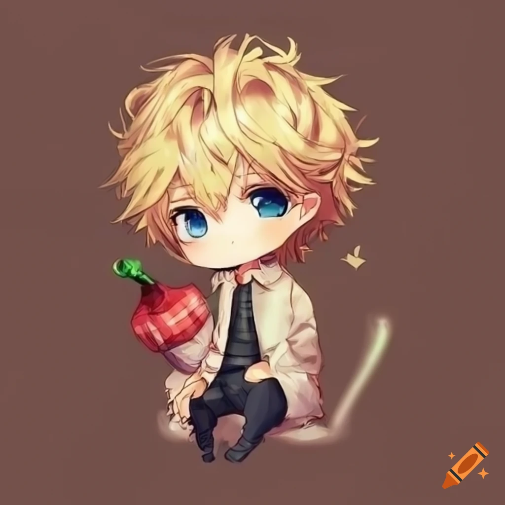 Cool chibi blonde boy with a pepper in anime art style