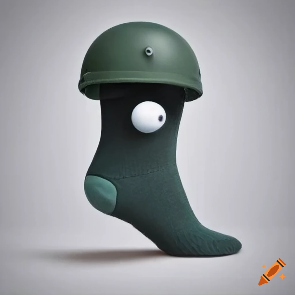 Creative concept of a sock with googly eyes wearing a military helmet