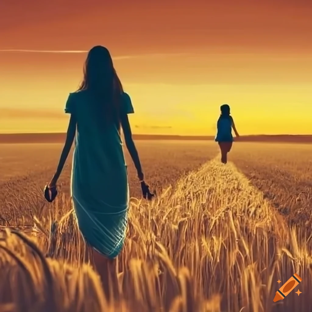 Two women walking in a wheat field at a crossroad with sunrise on Craiyon