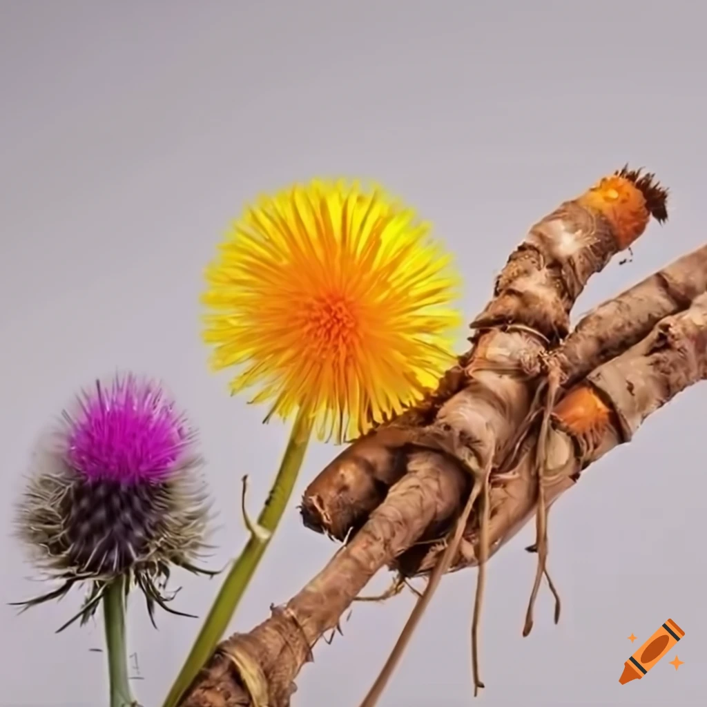 Bundle of dandelion flower, turmeric root, and thistle flower on white background