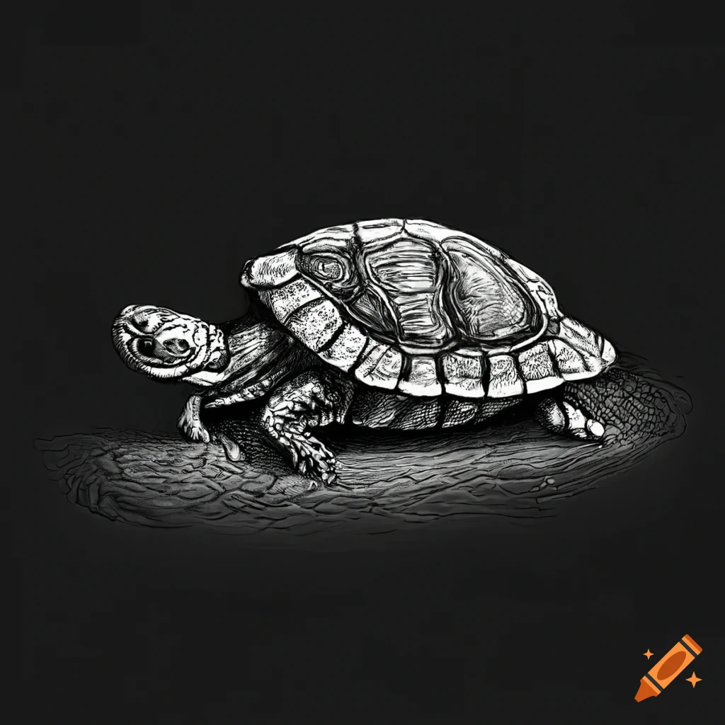 Black and white drawing of a red eared slider turtle