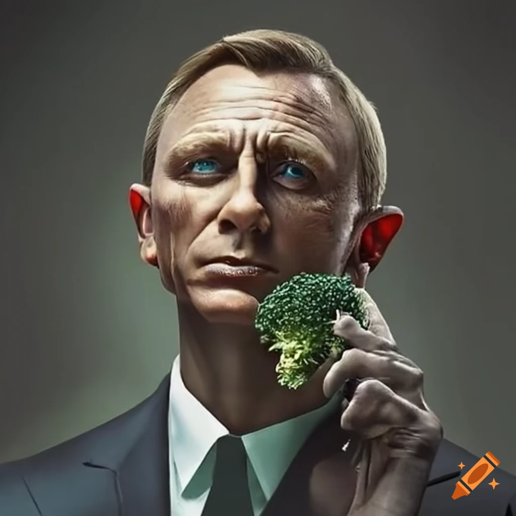 James bond with a broccoli symbolizing power on Craiyon