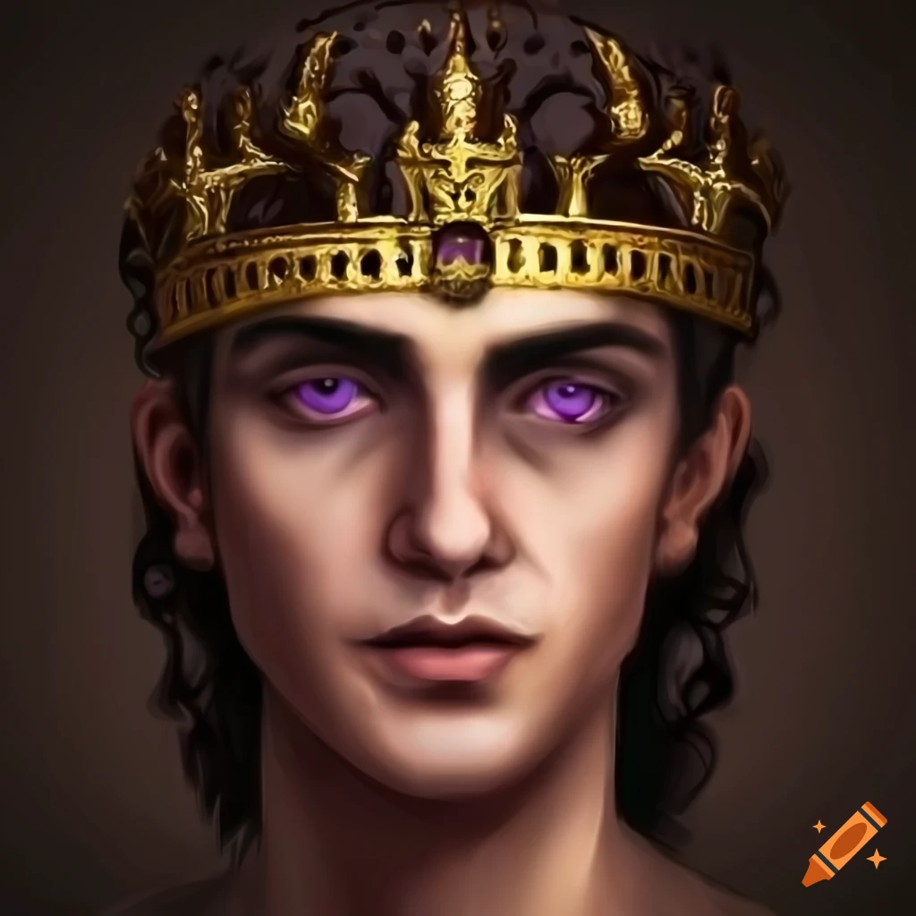 Handsome young king with purple eyes and black hair in roman empire