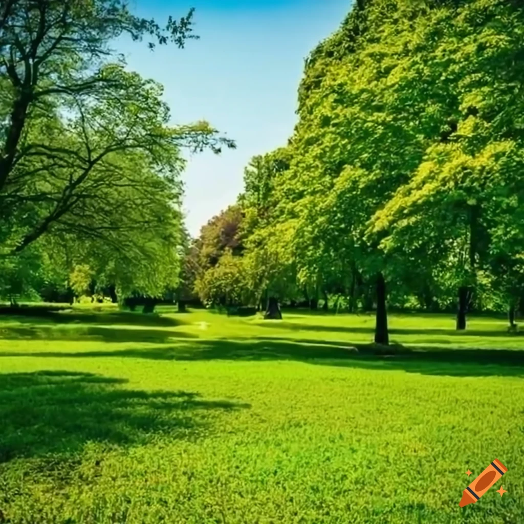 Lush green park with tall trees and blooming flowers under a blue sky ...
