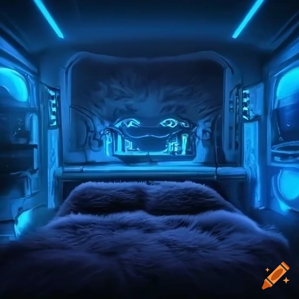 Neon sci-fi bedroom interior with fluffy fox