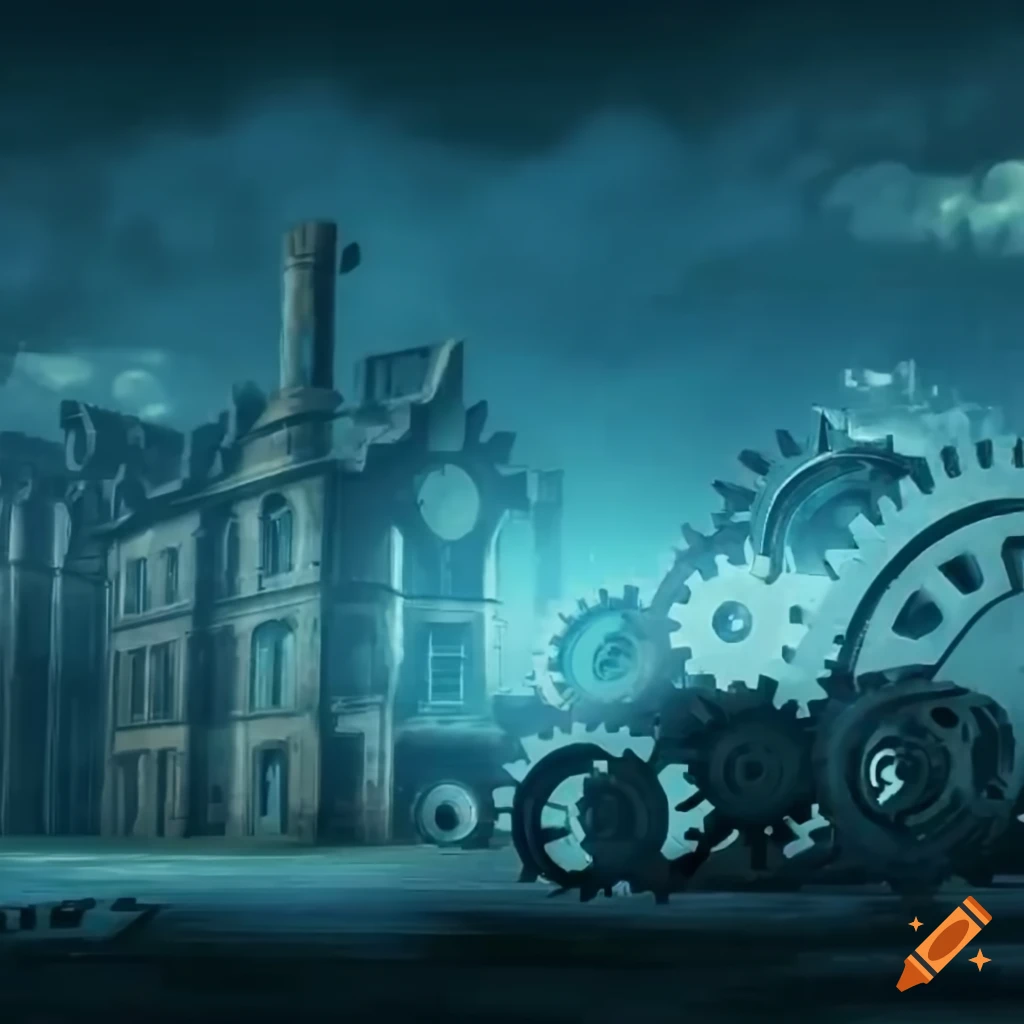 Boarding school with machinery and cogwheels in a mysterious atmosphere