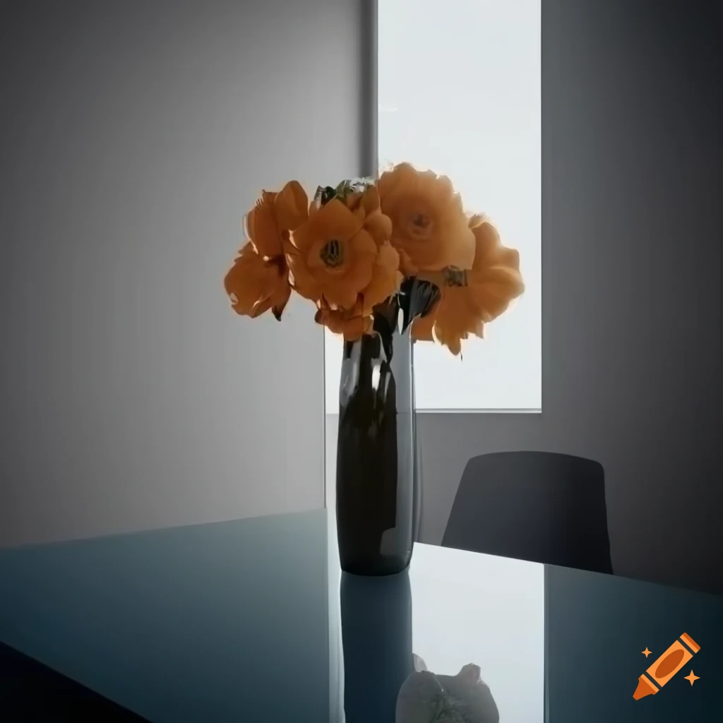 Hyperrealistic modern vase with flowers on glass and chrome table in ...