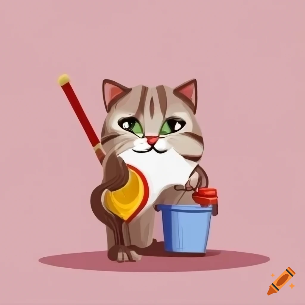 Cat cleaning with broom and bucket in a cartoon style on Craiyon