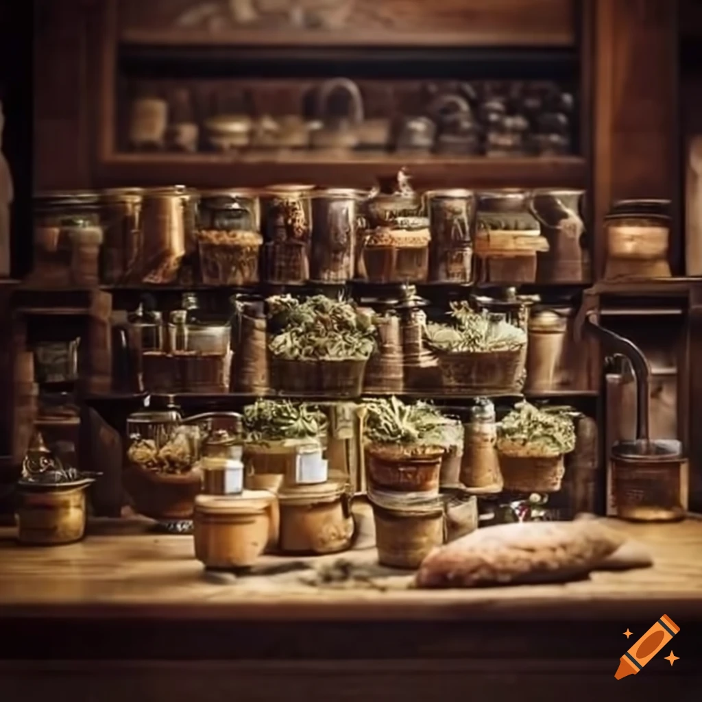 Herbal shop with jars of herbs and a workshop table inside a 1920s speakeasy