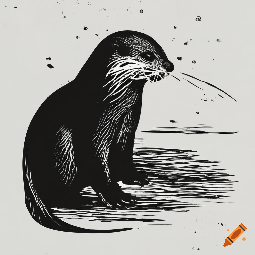 Otter in the distance in black and white, woodcut style