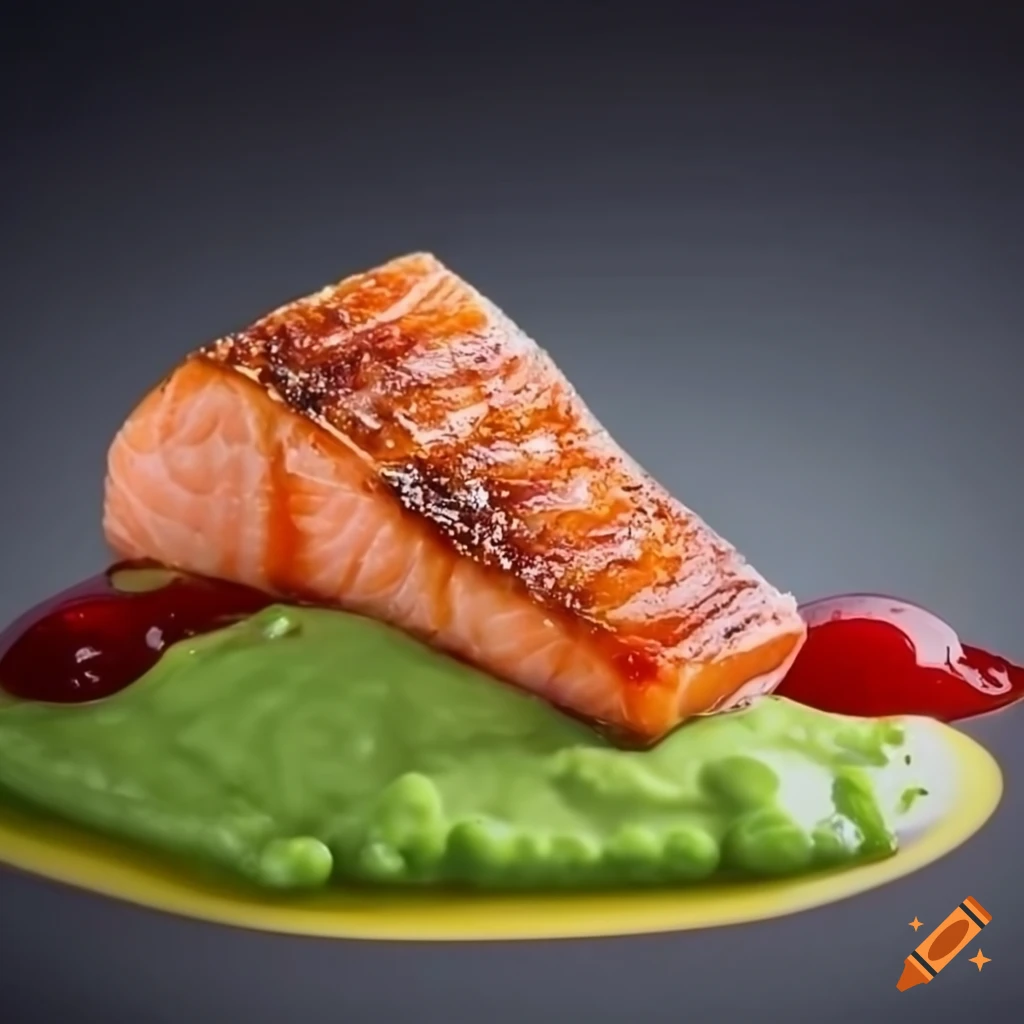 Perfectly cooked salmon steak with creamy peas puree and red ruby sauce on Craiyon