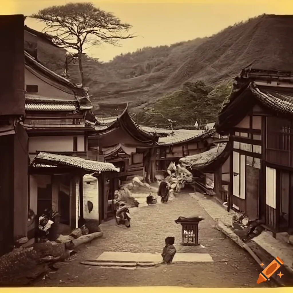 Traditional Japanese village in 1850 filled with cats