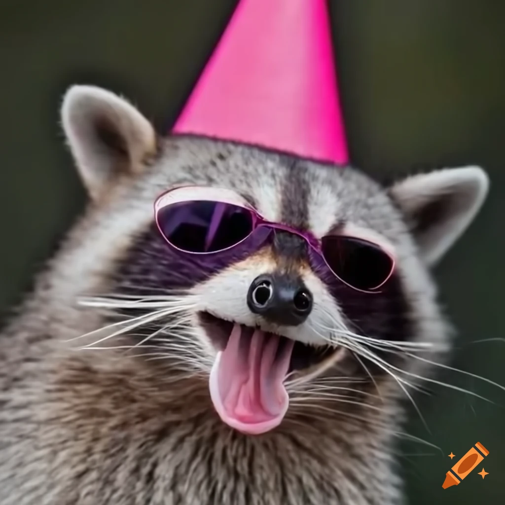 Raccoon wearing pink party hat and sunglasses with a lit cigarette