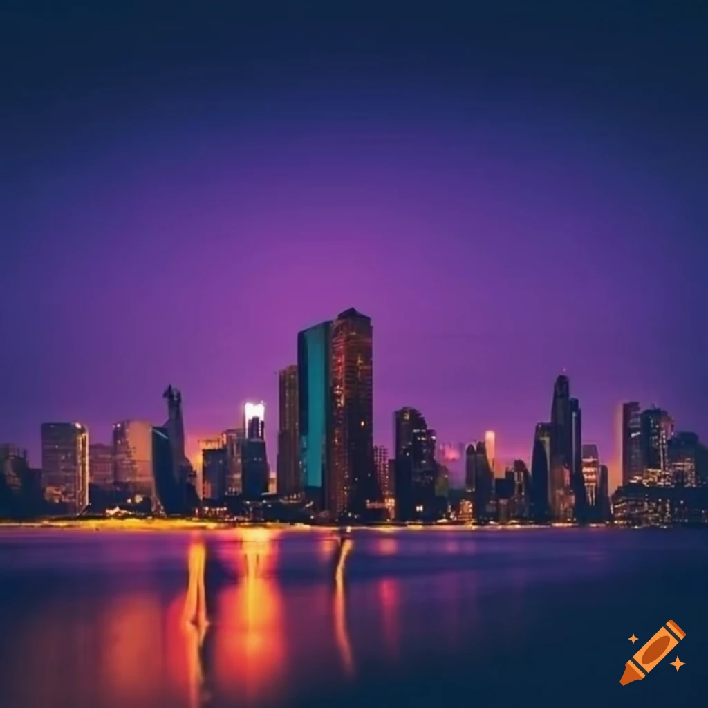 Vibrant metropolis skyline at dusk near a beach