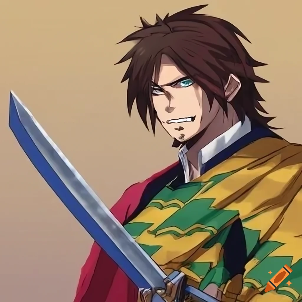Gyutaru Tomioka merging with Trevor Belmont in medieval knight armor with a buster sword
