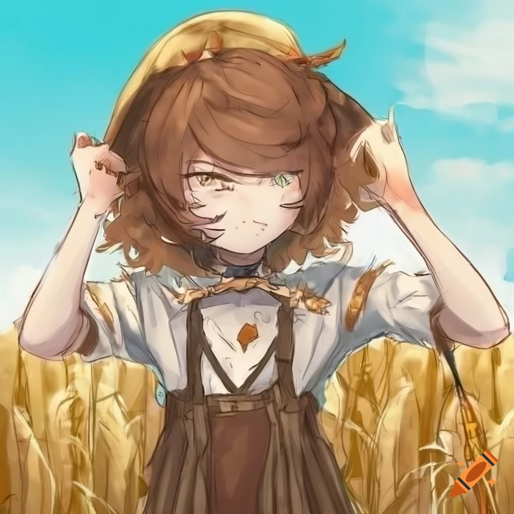 Scarecrow child VTuber in a cornfield sketch