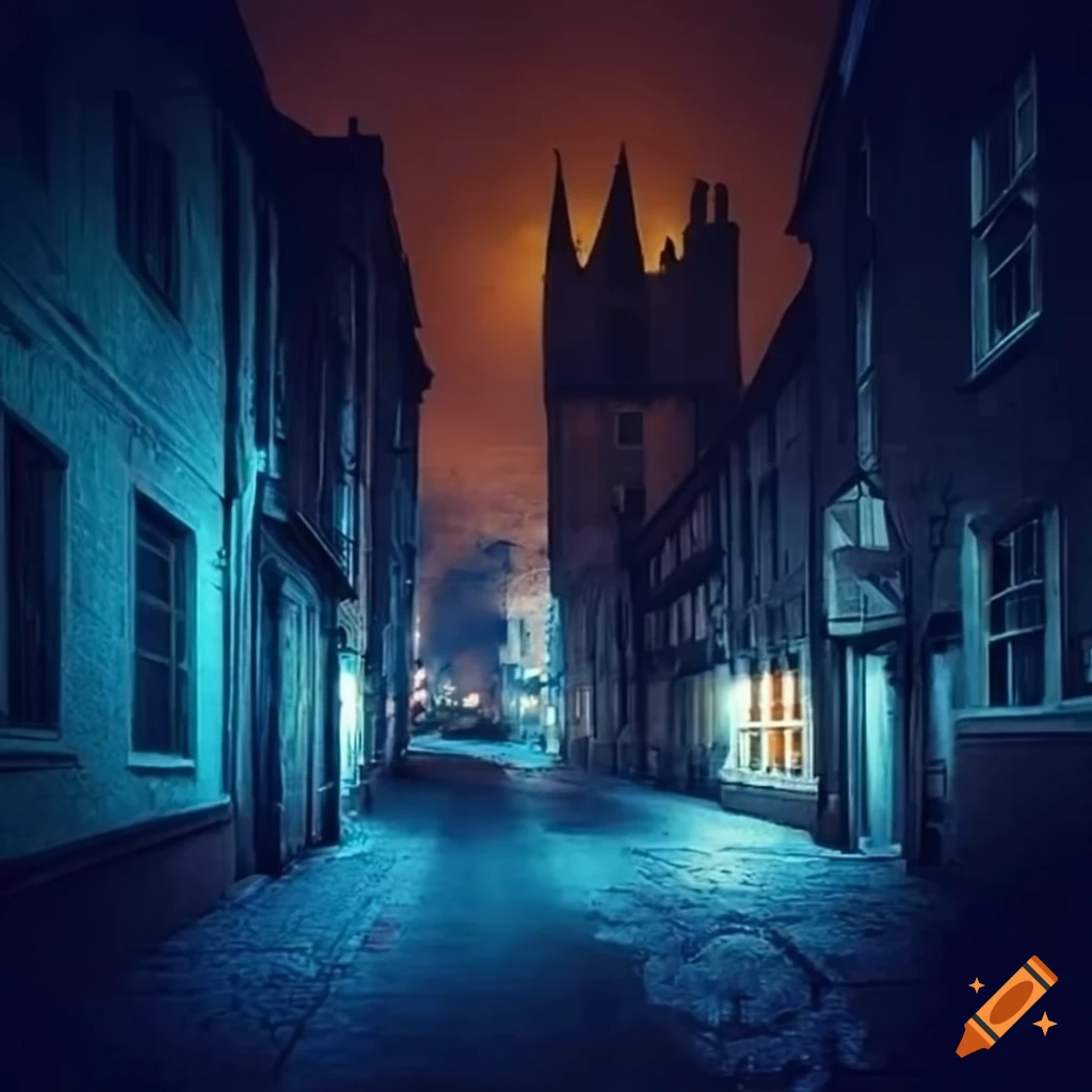 Historic street in nighttime with fisheye view