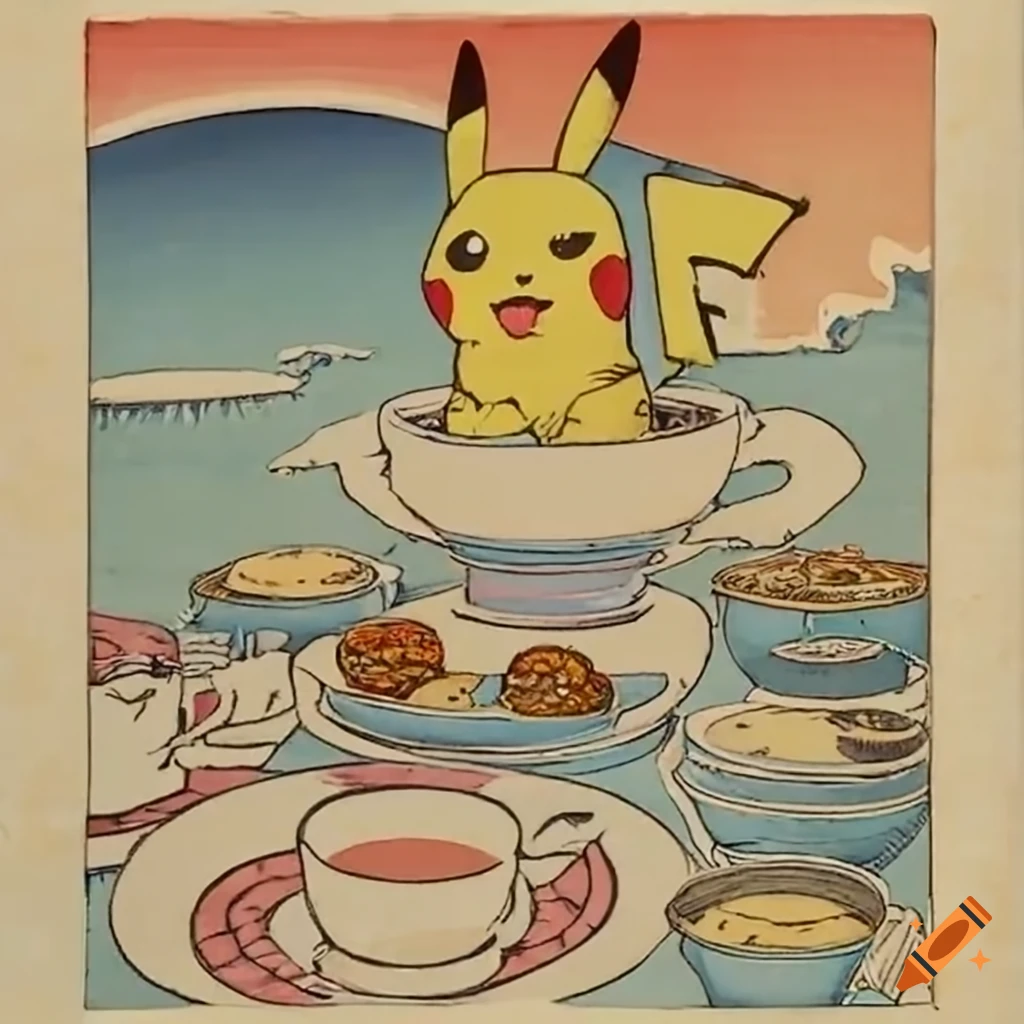 Pikachu enjoying traditional afternoon tea with flying cookies in Japanese woodblock art