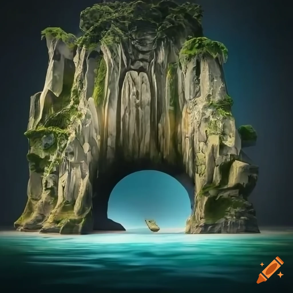 Forest island with natural stone gateway portal and stunning lighting ...