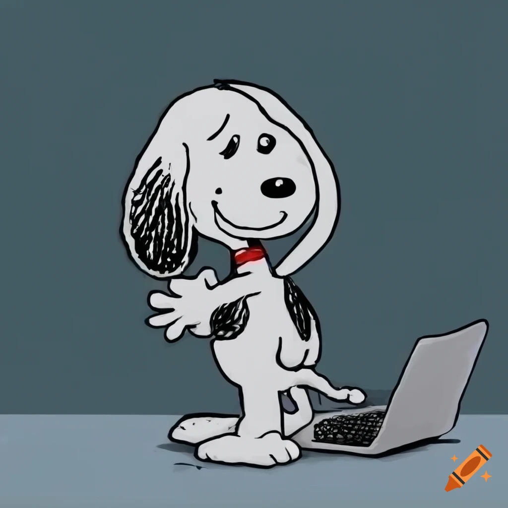 Snoopy hugging a computer in a 2D drawing