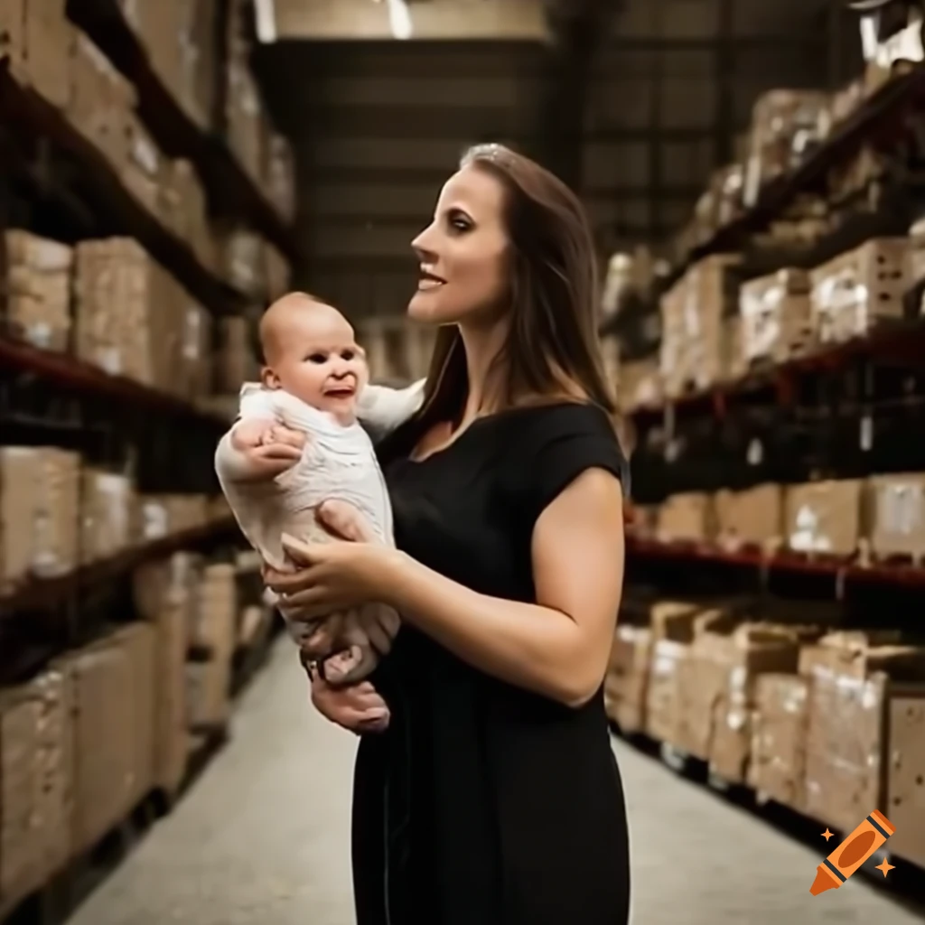 Mother picking up a baby in a warehouse