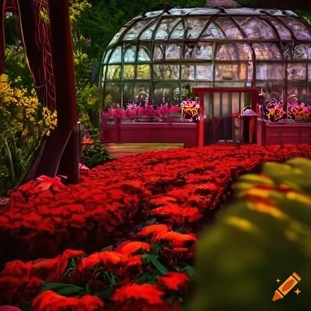 Vibrant greenhouse with colorful blooming flowers and heart-shaped flower bed