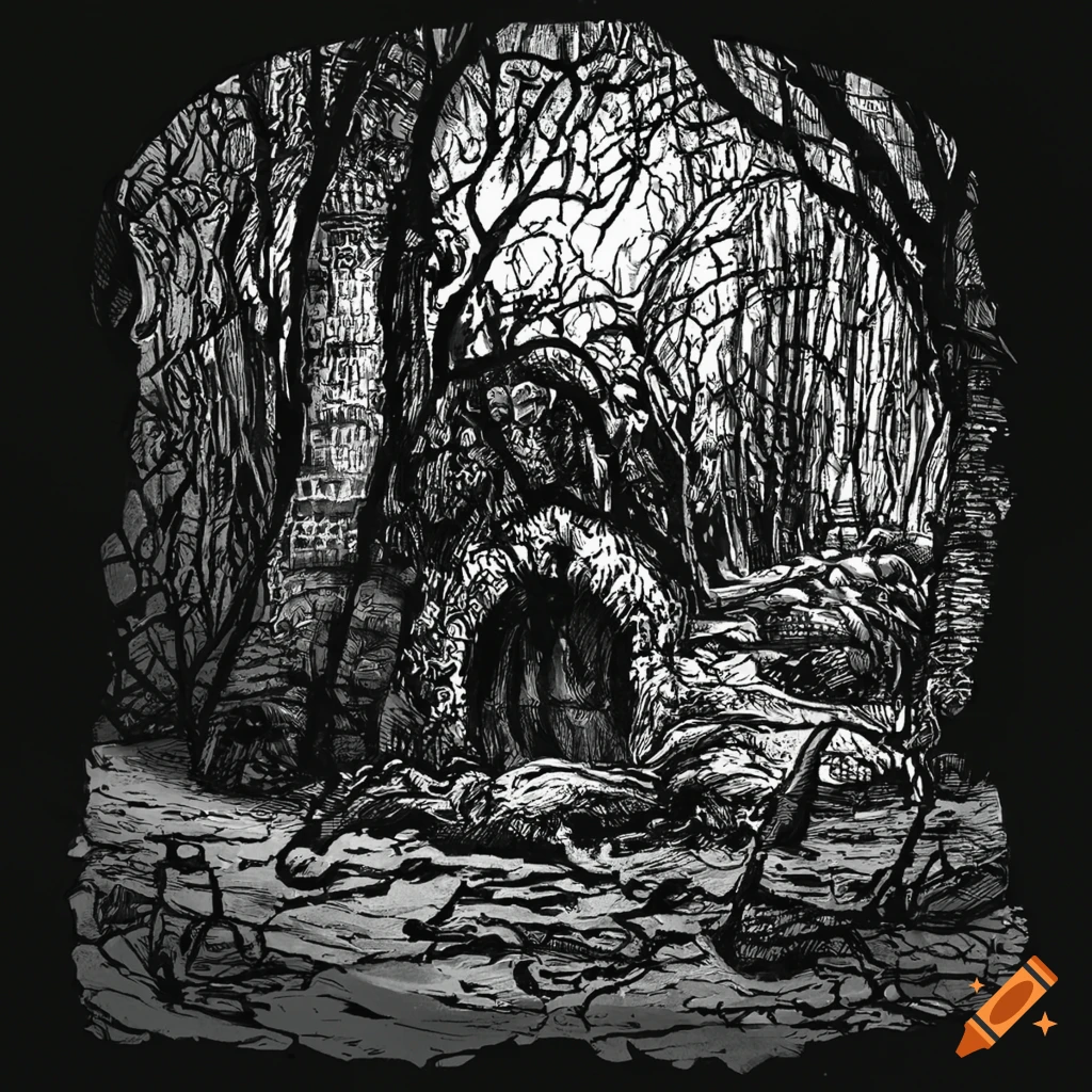 Black and white ink overgrown mound in the style of barrowmaze for rpg cover art on Craiyon
