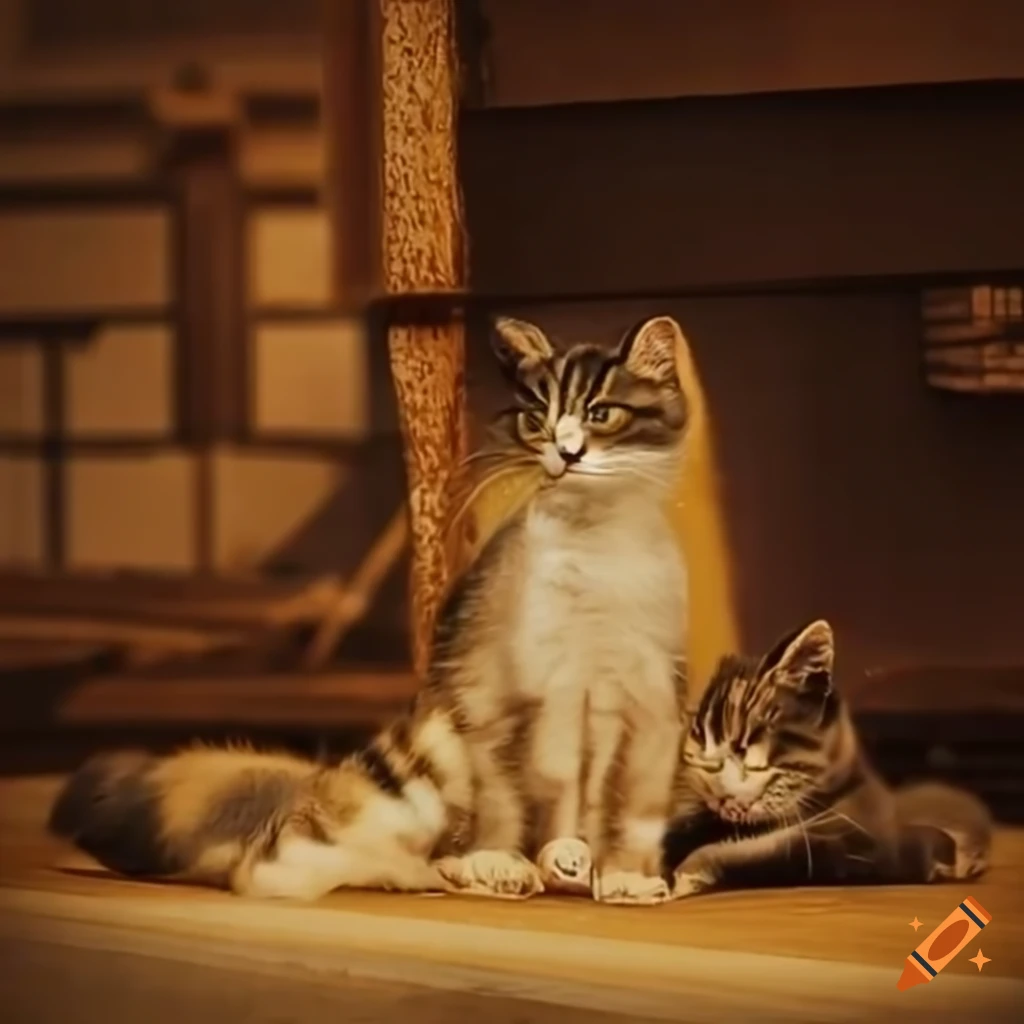 Traditional Japanese village in 1850 filled with cats