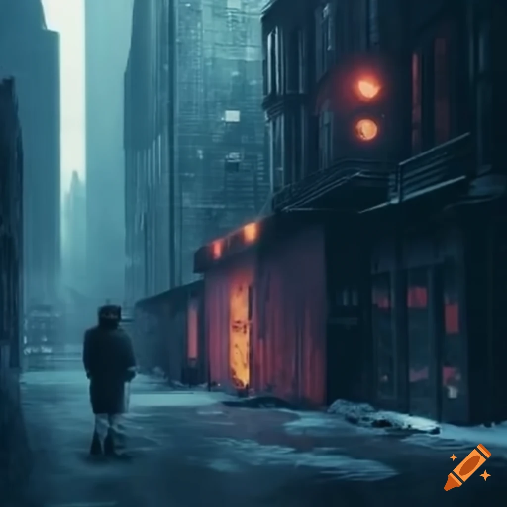 Dystopian urban environment with surveillance