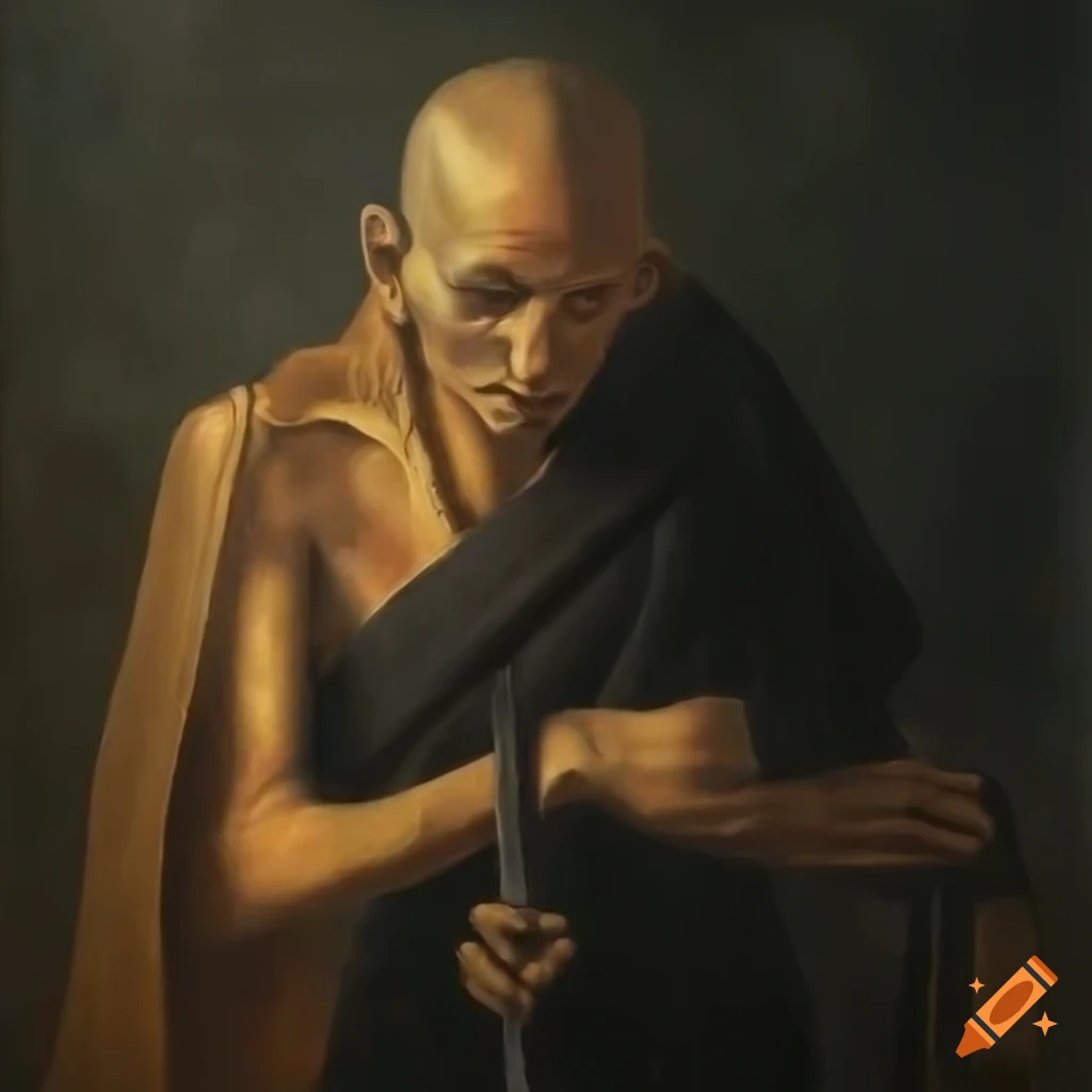 Surrealist oil painting of an injured monk with a magical sword and dark stone wall backdrop