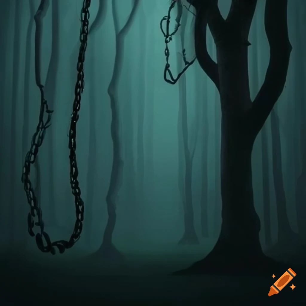 Eerie dark forest with chains hanging from the trees on Craiyon