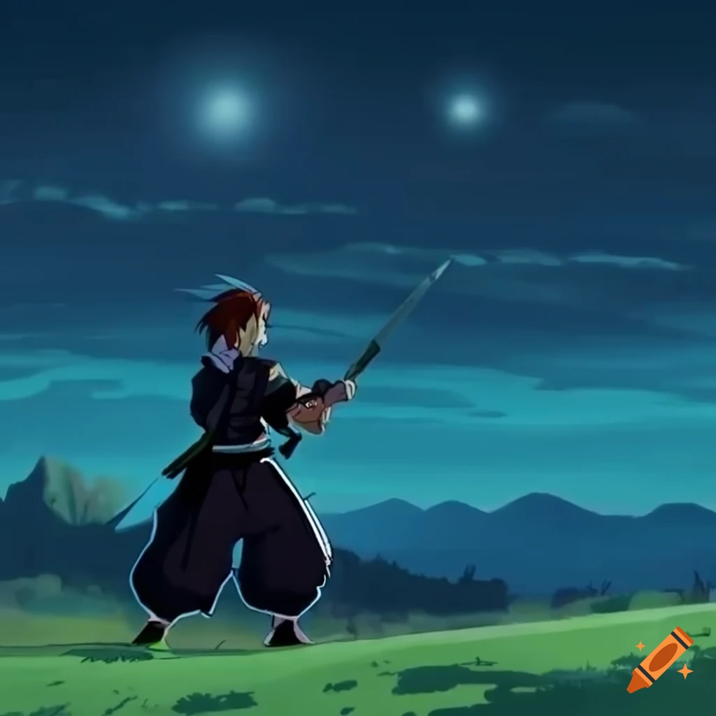 Final fantasy 1 black belt training in a field at night in ghibli style