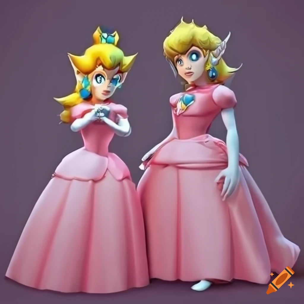 Princess peach and link in pink silk ballgowns posing together on Craiyon