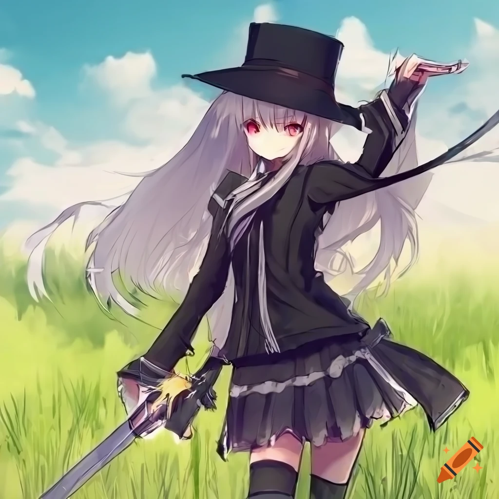 Anime girl with sword in grassy field under the sky