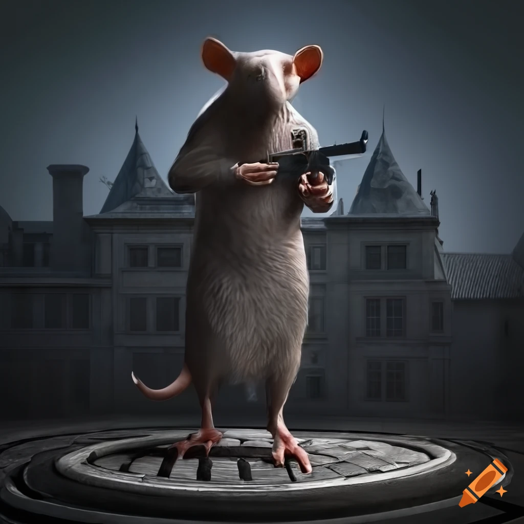 Humanoid rat with a gun near a manhole cover with a mansion in the background