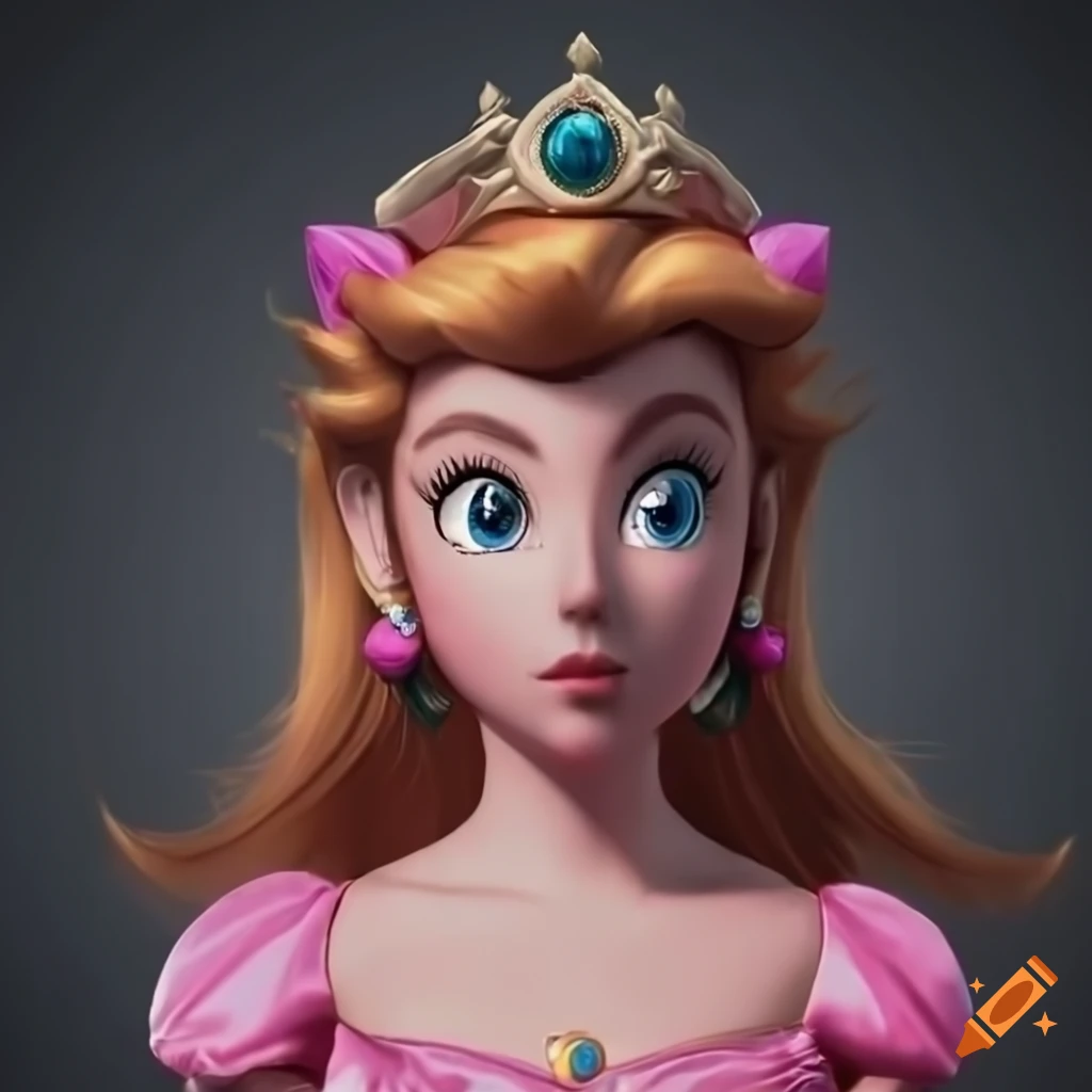 Closeup of link in princess peach's pink ballgown against a dark
