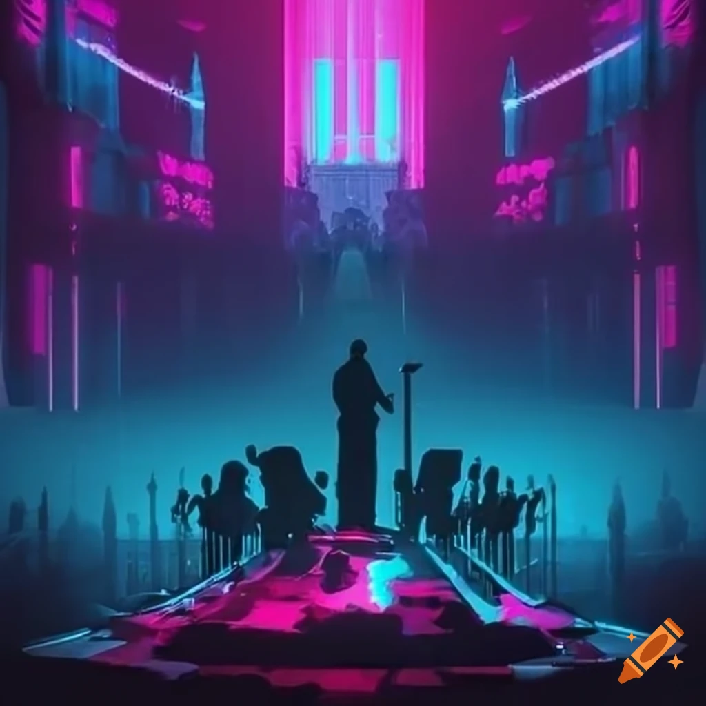 Classical orchestra epic in a neon landscape