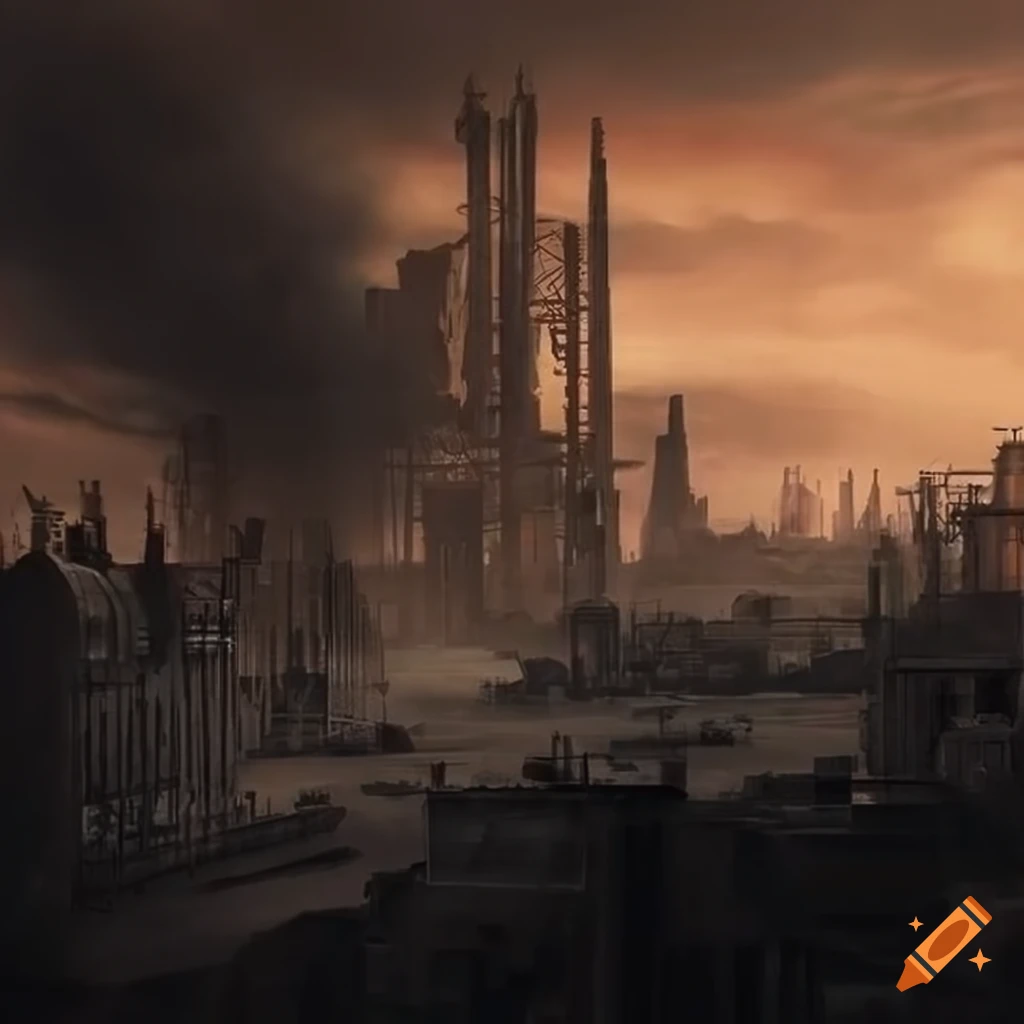 Dieselpunk industrial landscape with massive, depressing aesthetics