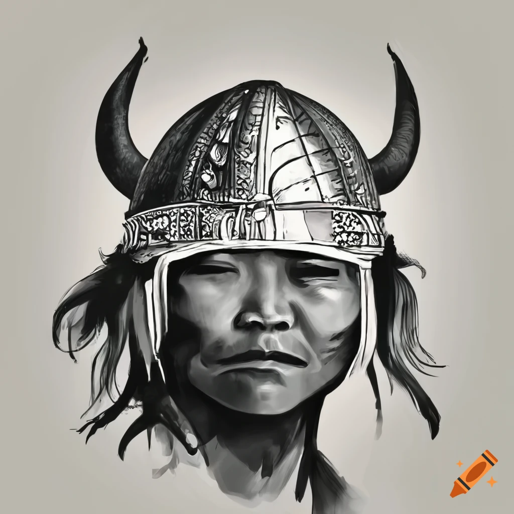 Vietnamese man wearing viking helmet in Chinese ink painting style