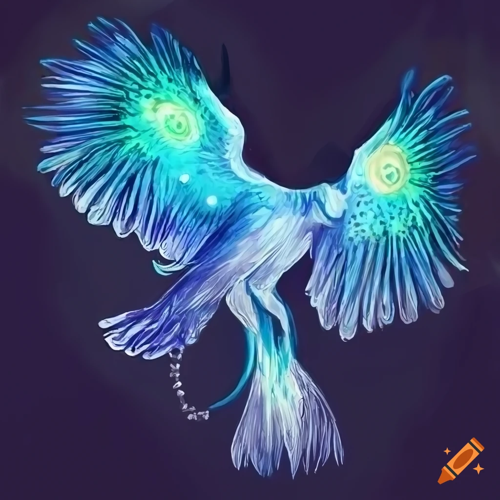 Drawing of a bird patronus charm in illuminated style on Craiyon