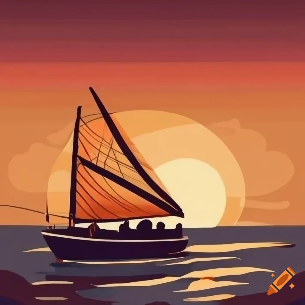 Boat sailing into the sunset in a line illustration on Craiyon