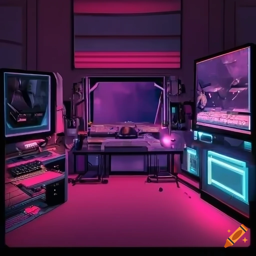 Synthwave gaming room in twilight with high definition and 8k