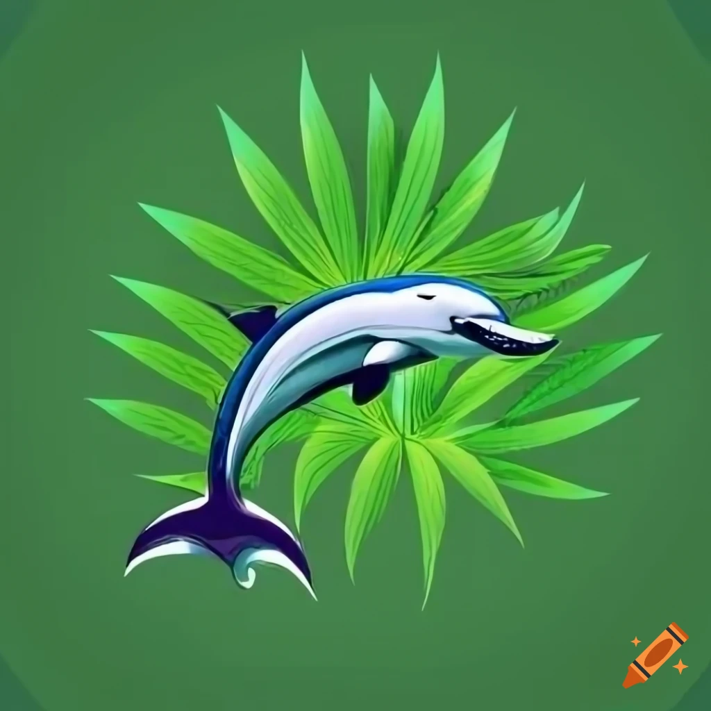 Jumping dolphin logo with green cannabis leaf in background